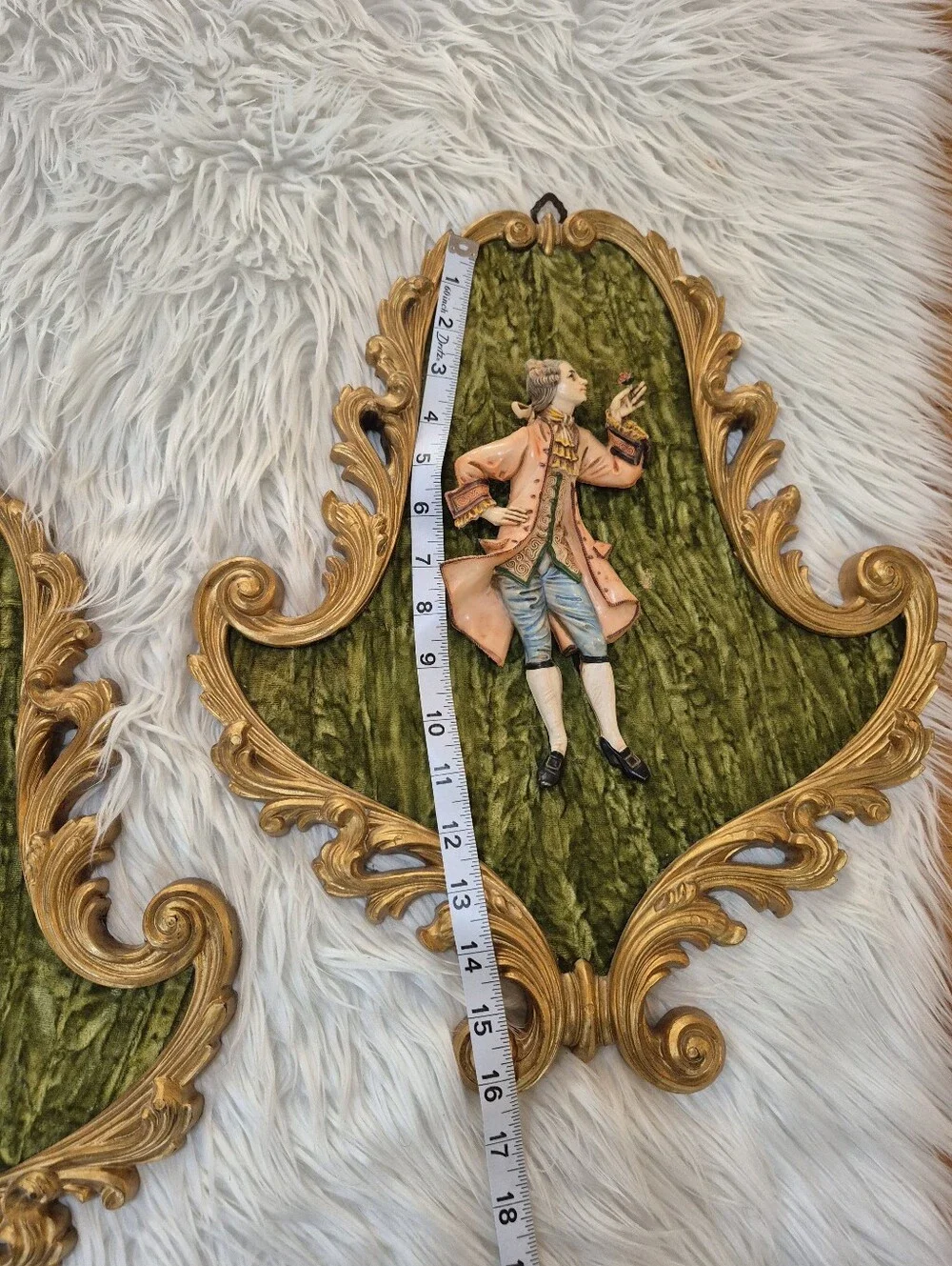 Vintage-Style Green Velvet and Gold Wall Plaques (Pair)